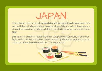 Japan framed touristic banner with national symbol and sample text. Sushi rolls on square plate with bamboo chopsticks flat vector illustration. Vacation in asian country concept for travel company ad