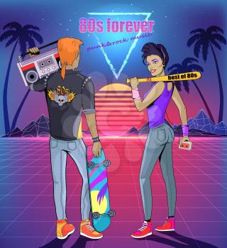 80s forever punk and rock music vector banner. Man in jacket with boom box and skateboard, woman in headphones and with bat, starry sky on background
