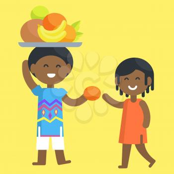 African boy holds tray with tropical fruits and gives orange to girl in orange dress isolated vector illustration on yellow background.