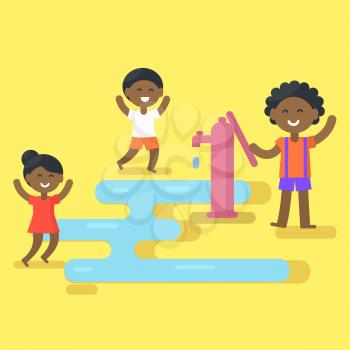 African boys and girl happily play with pink water crane and big blue puddle isolated vector illustration on white background.