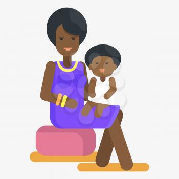 Afro-american woman holds child on knees vector illustration in flat style design. Motherhood concept, black female and her adorable toddler