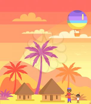 African father with son outside near huts and exotic plants, hot air colorful balloon in sky. Vector graphic illustration of lifestyle in Africa