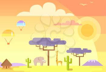 African landscape with tall trees, green cactuses, big giraffe, grey elephant, small house, calm volcano and parachutes in sky vector illustration.