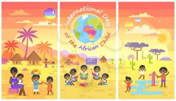 International Day of African Child set with kids who read books, play with water and share fruits in village vector illustrations.