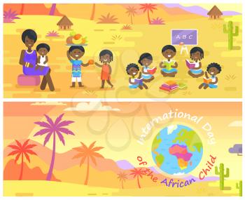 International Day of African Child banners set with mother and children, and landscape with palms and Earth icon vector illustrations.