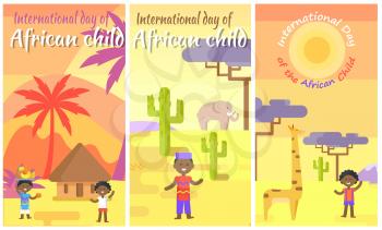 International Day of African Child placards set with children, fresh fruits, boy and elephant, kid and giraffe vector illustrations.