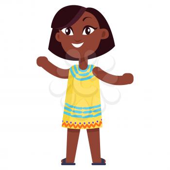 Young afro-american girl in yellow dress with national ornament celebrates international day of african child. Poster with kiddish black female in cartoon style