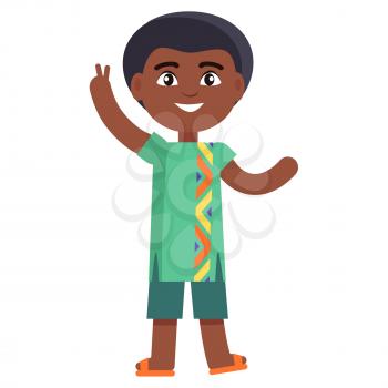 Young black male in cartoon style showing peace gesture. Happy little afro-american boy in national cloth celebrates international day of african child.