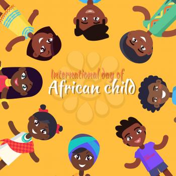 International Day of African Child poster with kids who hold hands stretched ready to get help isolated vector illustration on yellow background.