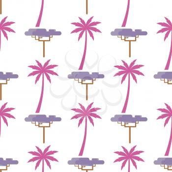 Pink palm silhouette and graphic small exotic baobab tree isolated on white seamless pattern. Tropical plants vector endless texture