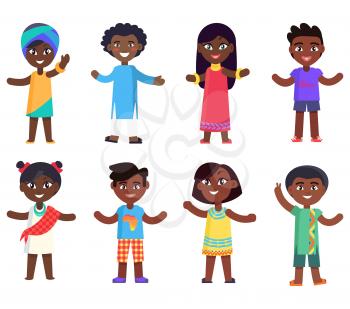 African children boys and girls isolated vector illustrations set on white background. Afro-american kids in national cloth celebrate day of child