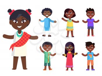 Cartoon afro-american girl in national cloth and her friends isolated vector illustrations set. Pretty kids with black skin celebrate day of child