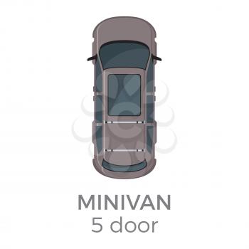 Five doors minivan top view icon. Classic family car roof view with text flat vector isolated on white background. Personal passenger vehicle illustration for urban transport concepts, infographics 