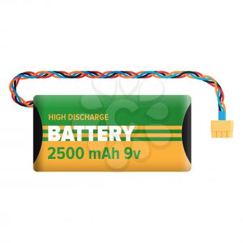 Powerful bettery with 2500 mAh 9v for high discharge isolated on white background. Energy container with wire for connection. Electrical appliance to refill power content vector illustration.