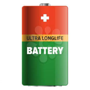 Big ultra longlife battery isolated on white background. Capacious energy container for long term usage of electronic devices. Galvanic appliance to refill power content vector illustration.