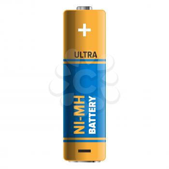 Ultra nickel-metal hydride type of powerful and compact battery isolated on white. Qualitative energy container for long usage. Small galvanic appliance to refill power content vector illustration.