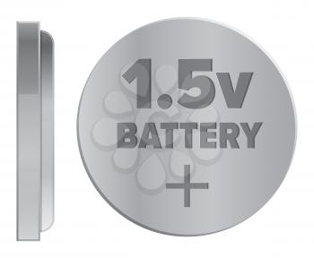 Compact round silver 1.5v battery isolated on white background. Qualitative energy container for small electronic devices. Mini galvanic appliance to support power content vector illustration.