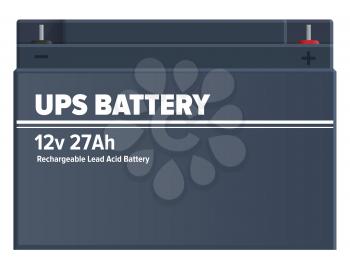 Ups rechargeable lead-acid battery isolated. Automotive industrial charging device vector illustration. Dark blue source of energy for recharge of electronic devices, metal plate in flat design