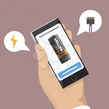 Mobile phone with battery on screen in human hand. Charge symbols in speech bubble thunderstorm icon and ?harger connector. Vector illustration of connective communication device in flat style design