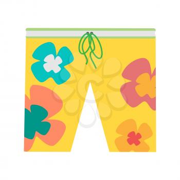 Beach shorts with flower vector. Flat style. Summer clothes. Illustration for fashion concepts, infographic, icons or web design. Man sweaming sportswear. Isolated on white background