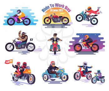 20 June 2017 Ride to Work Day vector illustrations set. Characters in leather jackets and helmets drive motorcycles isolated on white background.