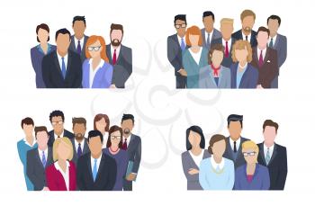 Business team vector concepts set. People in strict clothing standing together and looking on viewer isolated flat illustration. Faceless men and women characters on working collective group portrait