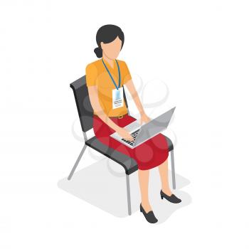 Woman with badge sits on chair and works at laptop isolated on white background. Vector illustration of work process. Business woman use modern technologies to do her job more comfortable and faster.