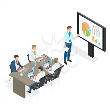 Assembly and speech of top managers on white background. Vector illustration of man appearing and pointing at monitor with charts, remaining members of business coaching sitting at table with laptops.