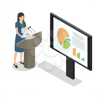 Report businesswoman at podium with diagrams on big monitor on white background. Female with badge holding paper in one hand. Two microphones, paper and flask of water on podium vector illustration