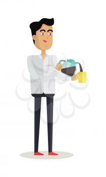 Business man with coffee maker and cup of hot hot drink. Concept of business people coffee break, business team coffee break, communicating at break. Flat design vector illustration