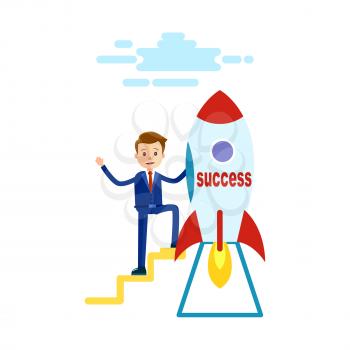 Businessman wants to reach success goes to rocket on white background. Young male in business suit goes to highest step of success. Man s hand says goodbye and rocket flies vector illustration
