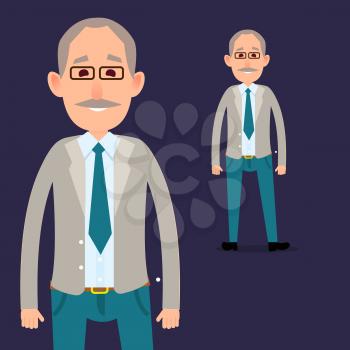 Old male grey character in glasses with mustache in jacket, blue jeans and tie isolated on navy background. Casually dressed cartoon man model in full-length and cropped vector illustration.