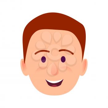 Young man toothy smiling face icon. Brown-haired, blushed boy with happy facial expression flat vector isolated on white background. Joyful male cartoon emotive portrait for user avatar illustration