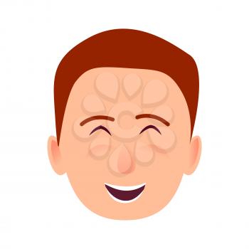 Laughing young man face icon. Brown-haired, blushed boy smiling with closed eyes flat vector isolated on white background. Joyful male cartoon emotive portrait for user avatar illustration