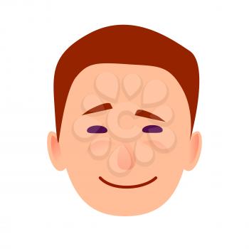 Young man smiling face icon. Brown-haired, blushed boy with joyed facial expression flat vector isolated on white background. Joyful male cartoon emotive portrait for user avatar illustration