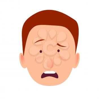 Distressed face emotion on man-child close-up portrait on white background. Chewed up and disappointed look of child's face. Vector illustration of character and face emotions in cartoon style icon.