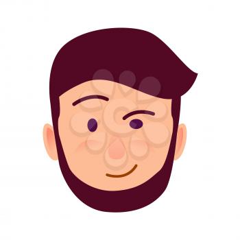 Distrustful young man rosy face icon. Bearded, brown-haired male with skeptic facial expression flat vector isolated on white background. Hipster cartoon emotive portrait for user avatar illustration