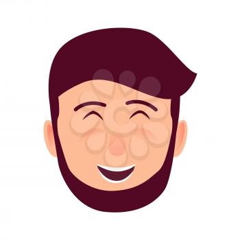 Laughing young man rosy face icon. Bearded, brown-haired widely smiling with closed eyes flat vector isolated on white background. Hipster cartoon emotive portrait for user avatar illustration