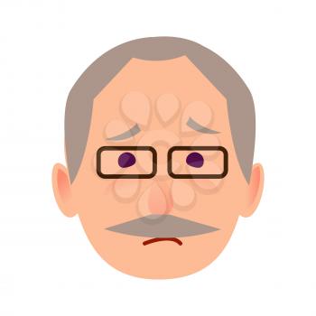 Sad old man face icon. Grey-haired, mustached grandpa in glasses with unhappy facial expression flat vector isolated on white. Pensioner cartoon emotive portrait for user avatar illustration