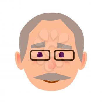 Positive old man face icon. Grey-haired, mustached grandpa in glasses with calm facial expression flat vector isolated on white background. Pensioner cartoon portrait for user avatar illustration