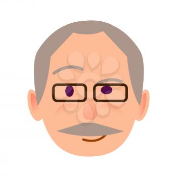 Elderly human in black-rimmed glasses with distrustful look flat icon on white background. Leer face of male conceived the idea. Vector illustration of character and face emotions in cartoon style