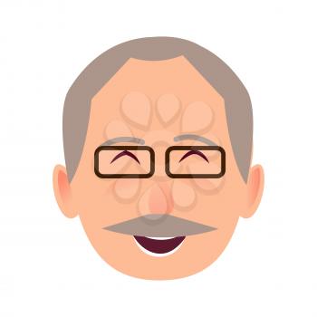 Laughing face of gray-haired old man close-up portrait on white background. Elderly human in black-rimmed glasses opened mouth in good mood. Vector illustration in cartoon style flat design avatar