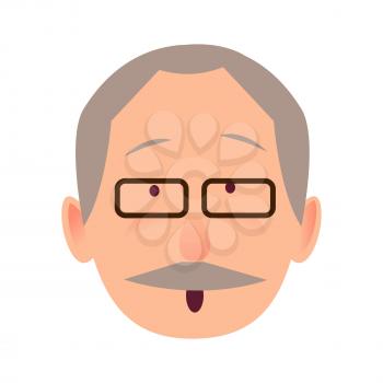 Surprised face of gray-haired old man close-up portrait on white background. Elderly human in black-rimmed glasses opened mouth in surprise. Vector illustration in cartoon style flat design for web.