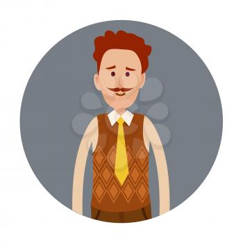 Male person portrait isolated in grey circle on white. Vector colorful illustration of man with curly brown hair and moustache, wearing beige shirt, yellow tie and knitted vest. Business worker icon