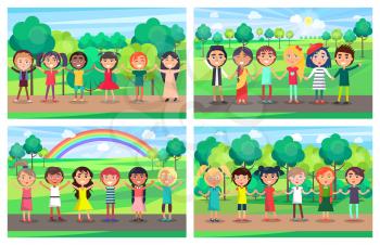 Children of different nationalities hold hands together and stand in line with trees, sun and rainbow on background. Kids unity vector illustration.