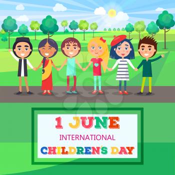1 june international childrens day colorful vector poster with group of kids keeping hands and standing on path in green park.
