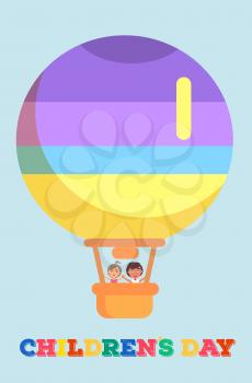 Childrens Day template vector poster with isolated colorful striped air balloon with boy and girl inside. Kids celebrating 1 June