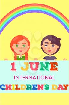 1 june international childrens day colorful vector poster with girl and boy behind greeting card and near rainbow on yellow background.