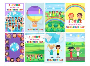 1 June holiday template with colorful posters collection. Vector banner of greeting cards for children s international day