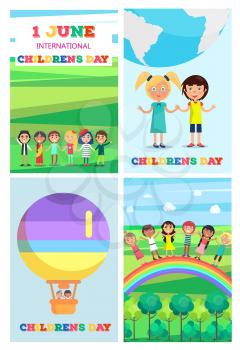 Universal Childrens Holiday posters set. Special day in beginning of summer. Vector colorful poster of four 1 June cards with happy entertaining kids.